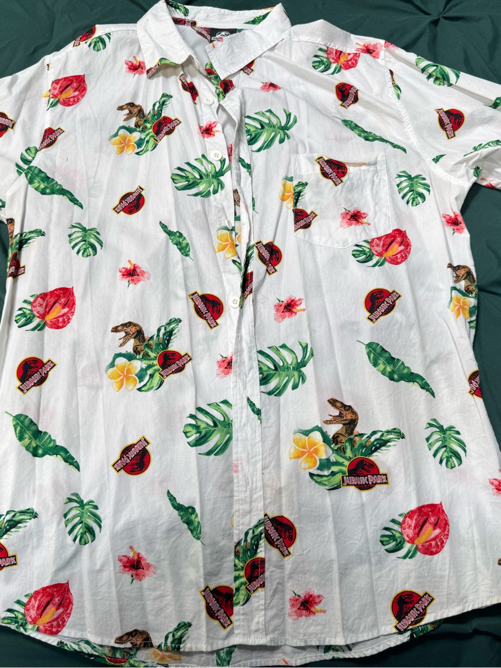 Jurassic Park White Tropical Print Short Sleeve Button-Down Shirt - Picture 5 of 6